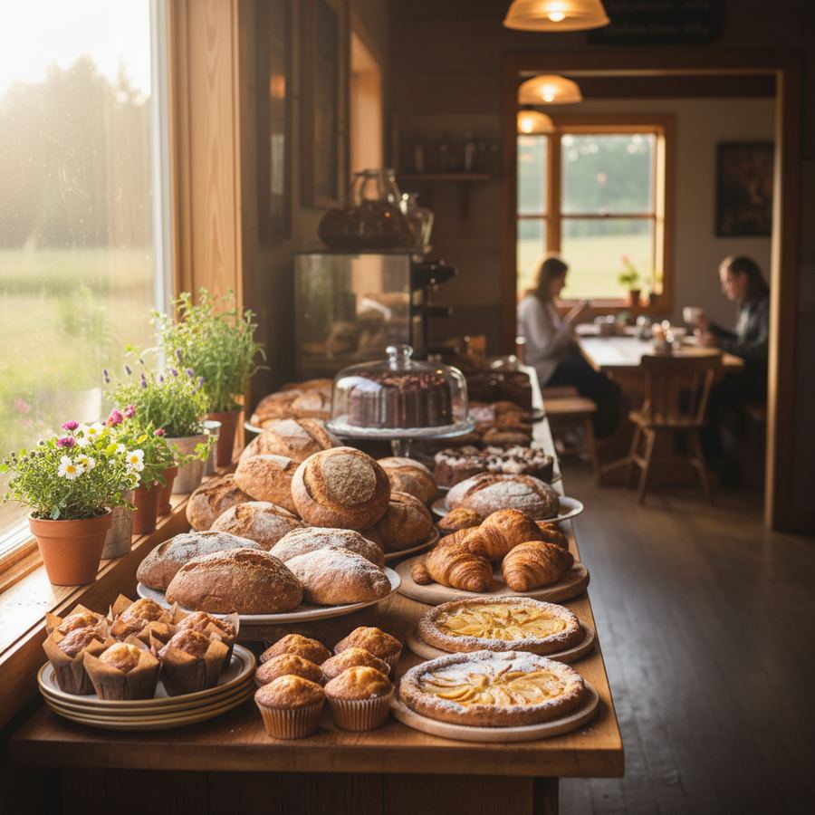 Fresh pastries and bread at a small-town Ontario bakery counter