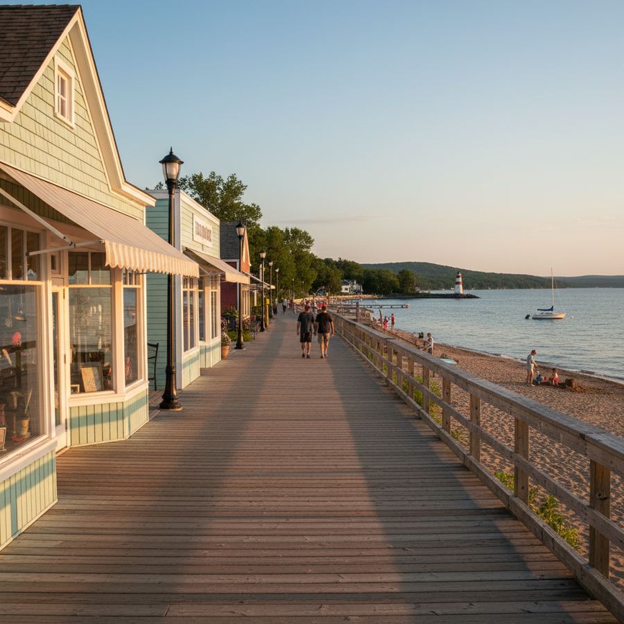 A boardwalk path leading toward the beach in a small Ontario town