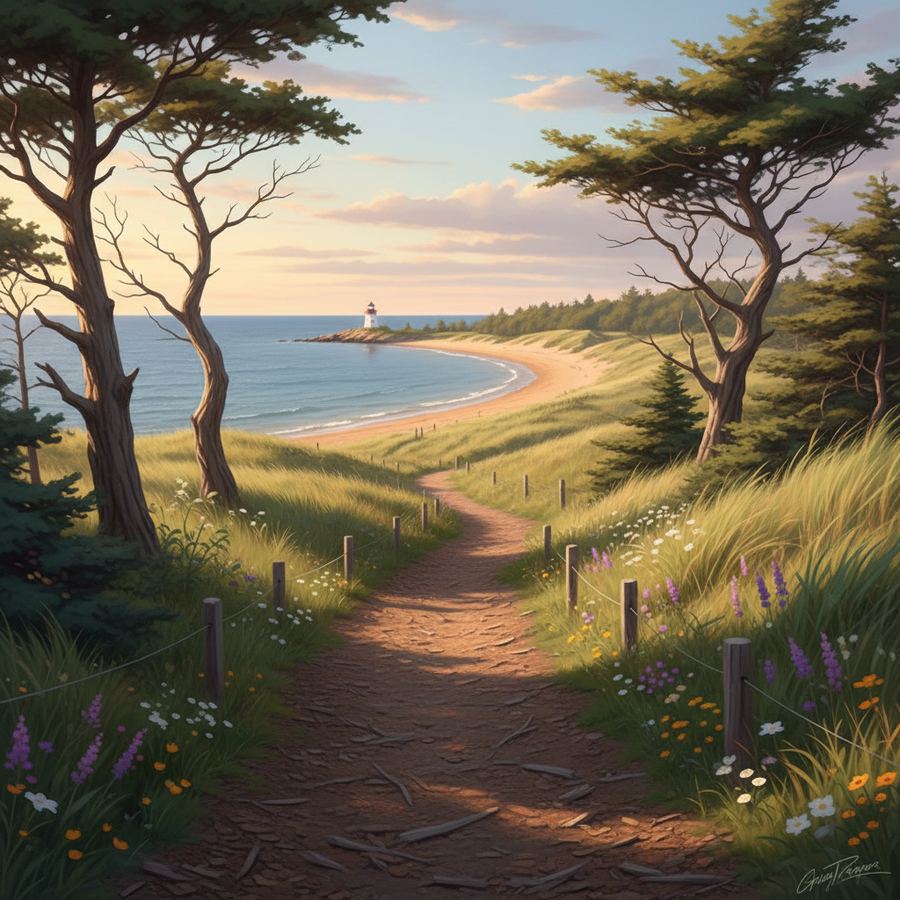 A sandy Lake Huron beach with gentle waves and a family in the distance