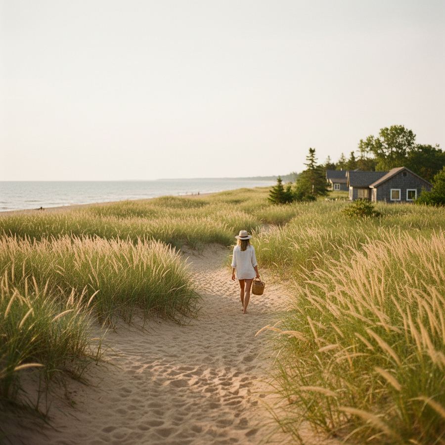 A forested trail winding through autumn-coloured trees in rural Ontario