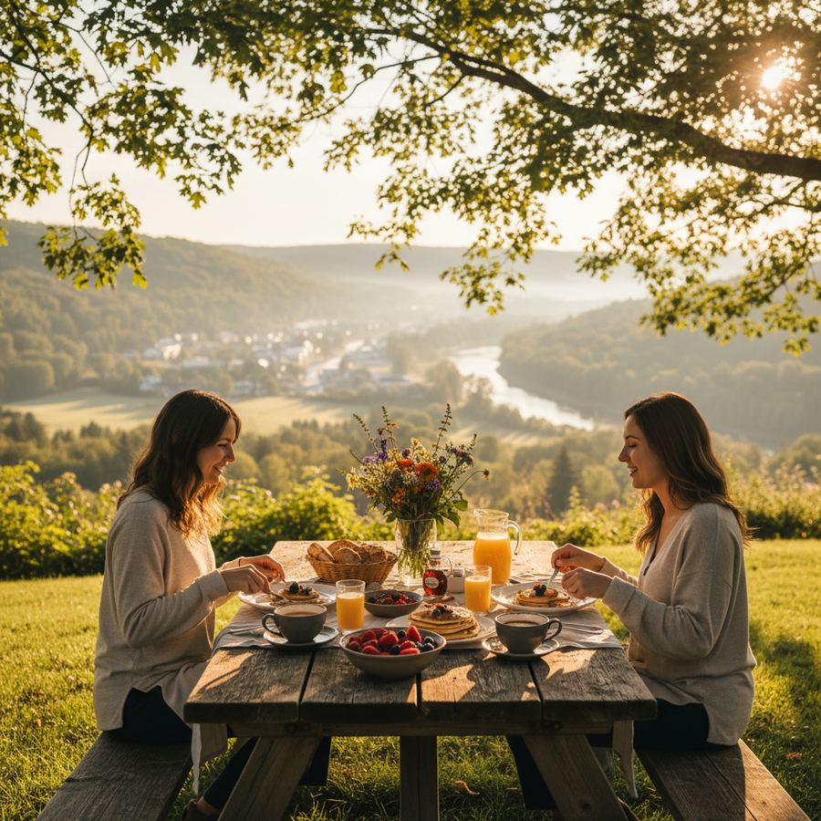 A brunch table with coffee and plates in warm morning light at a small-town cafe