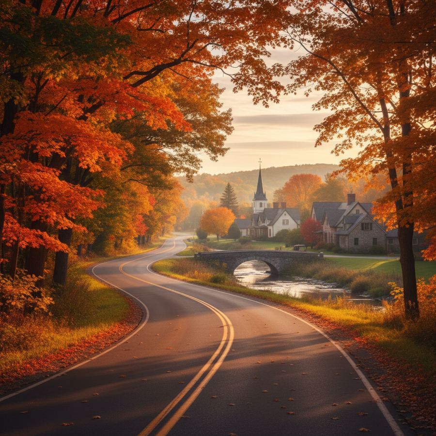 An autumn road through Ontario farmland with colourful trees