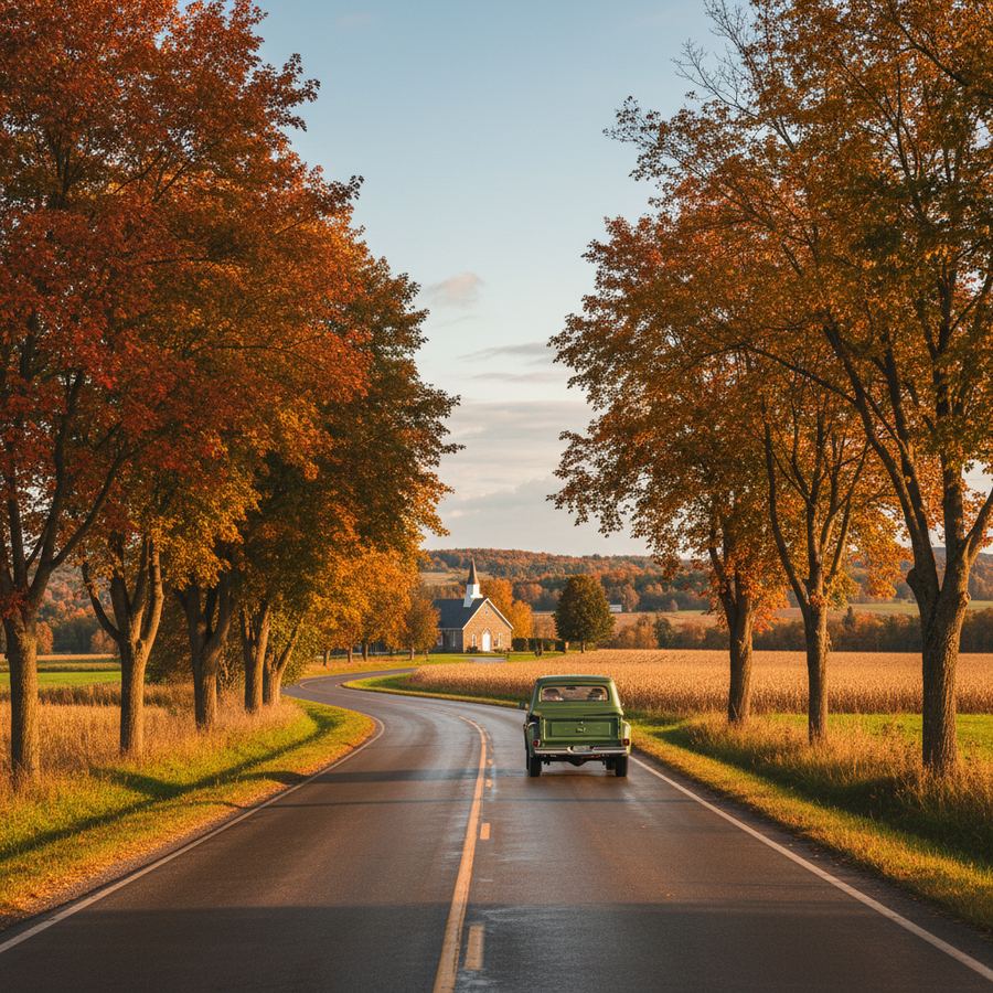 A weathered red barn surrounded by golden fields with a line of brilliant orange maples behind it