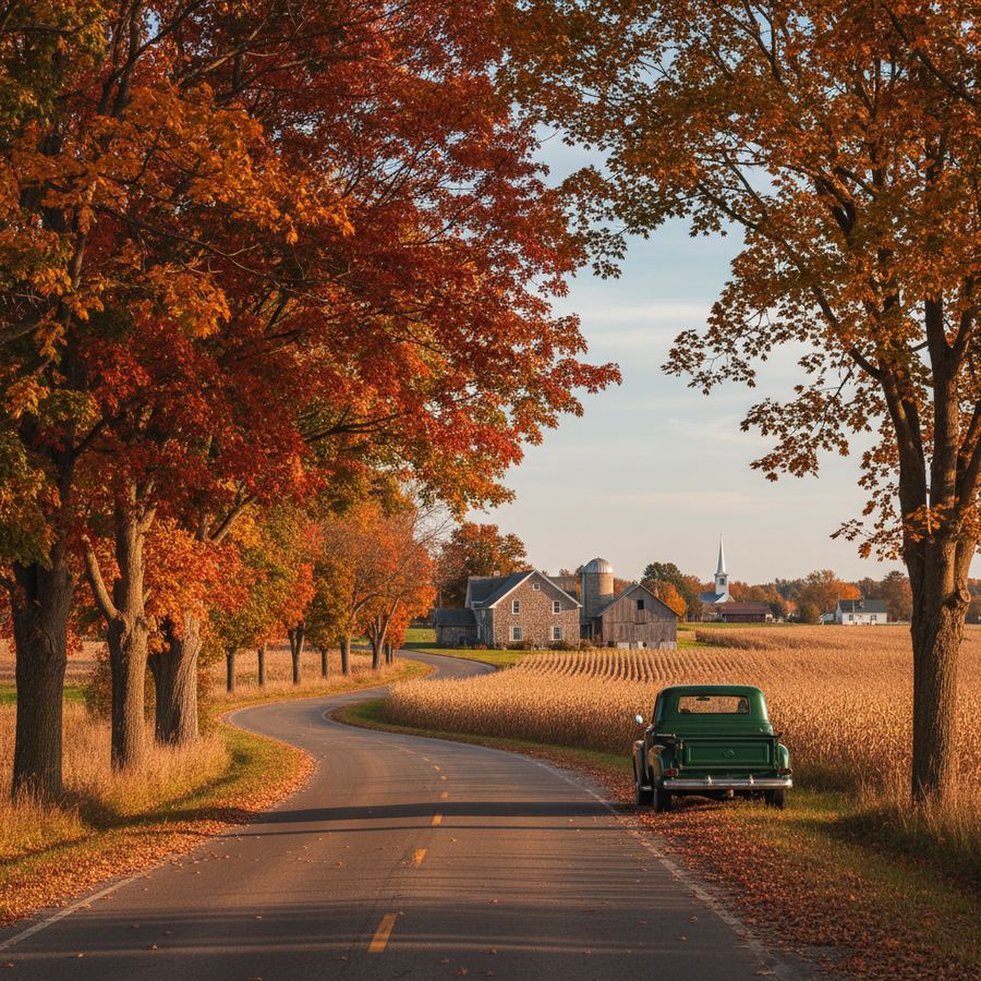 A small stone bridge crossing a creek with fallen leaves floating on the dark water below
