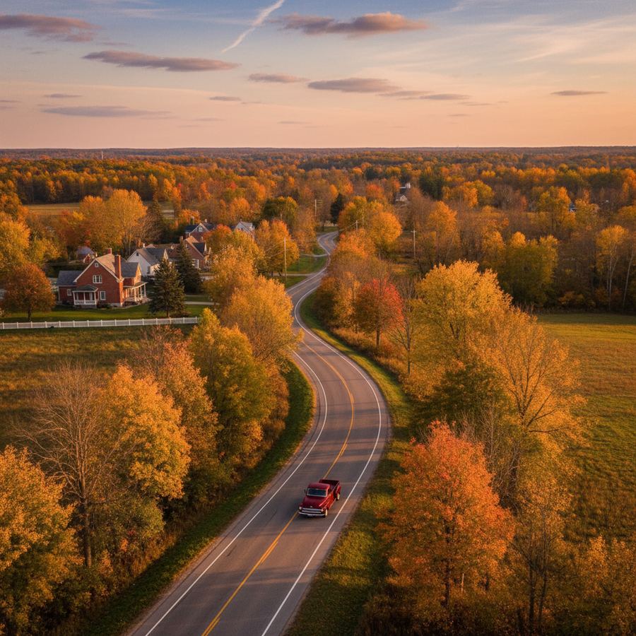 A winding gravel road disappearing around a bend through a tunnel of autumn foliage