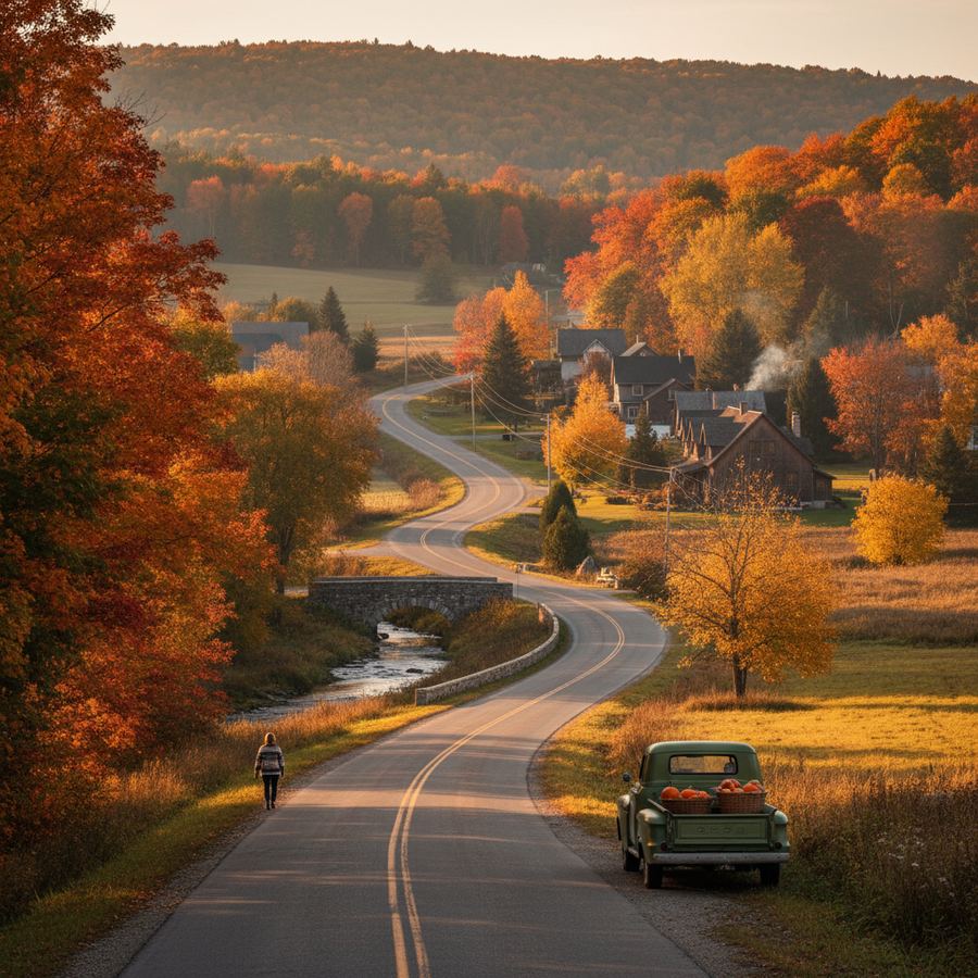 A wide panoramic view of rolling Ontario farmland in autumn colours under a dramatic sky of white and blue