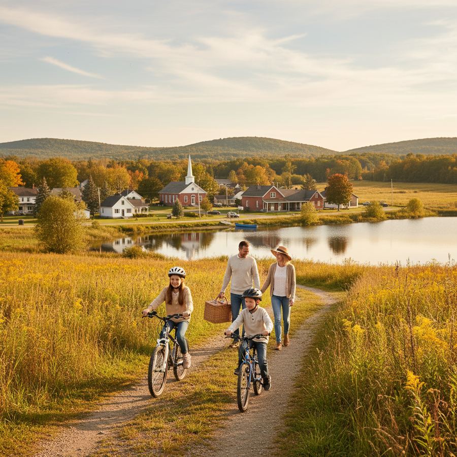 A quiet park bench overlooking a small-town green in Ontario at sunset