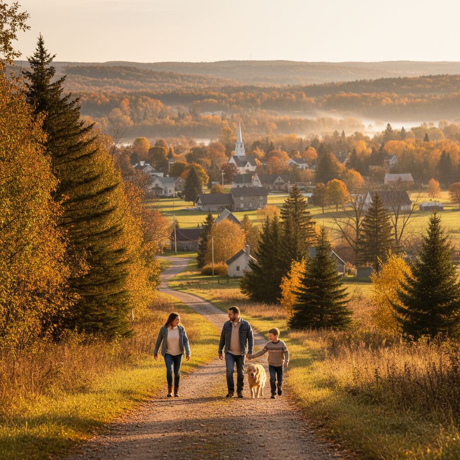 A family walking down a small-town Ontario street in morning light
