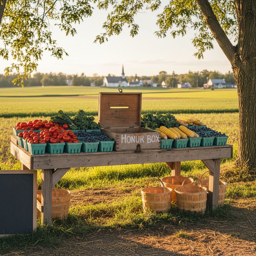 A small honour-system cash box at a rural Ontario farm stand