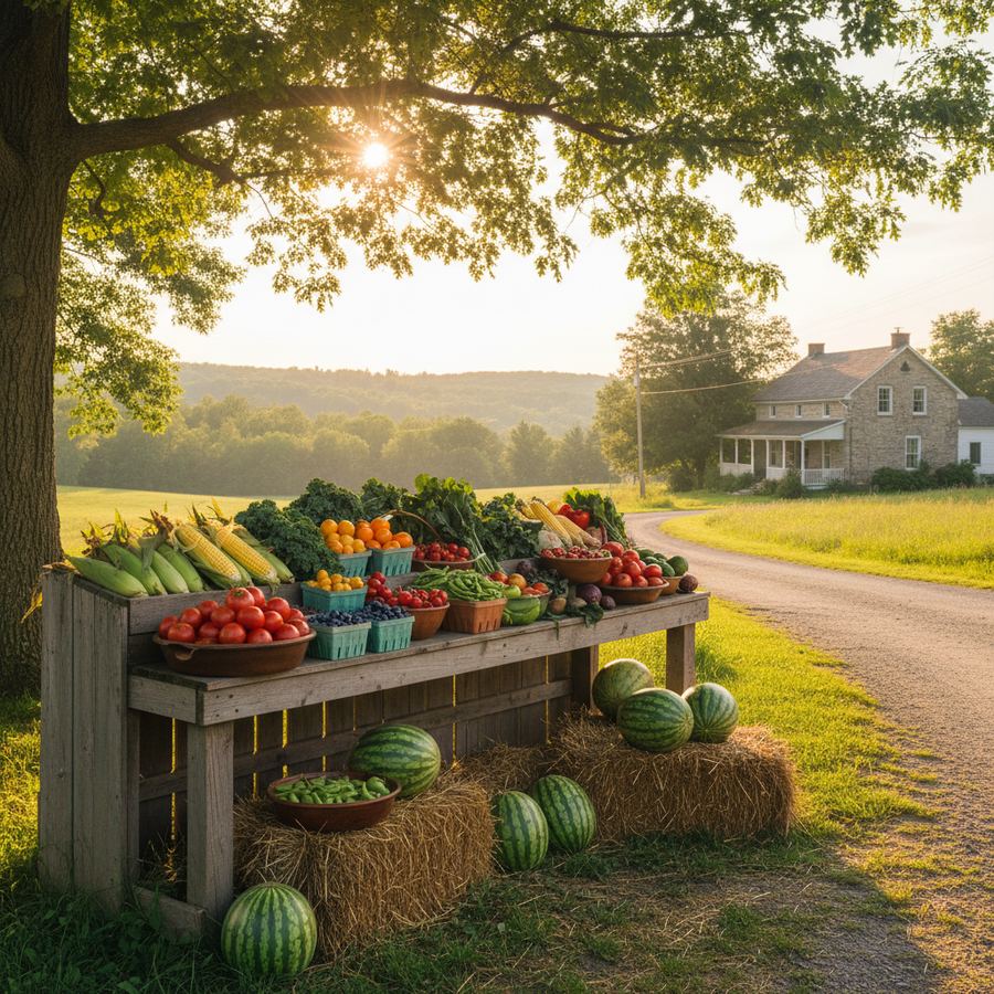 A roadside farm stand with baskets of fresh produce in Ontario
