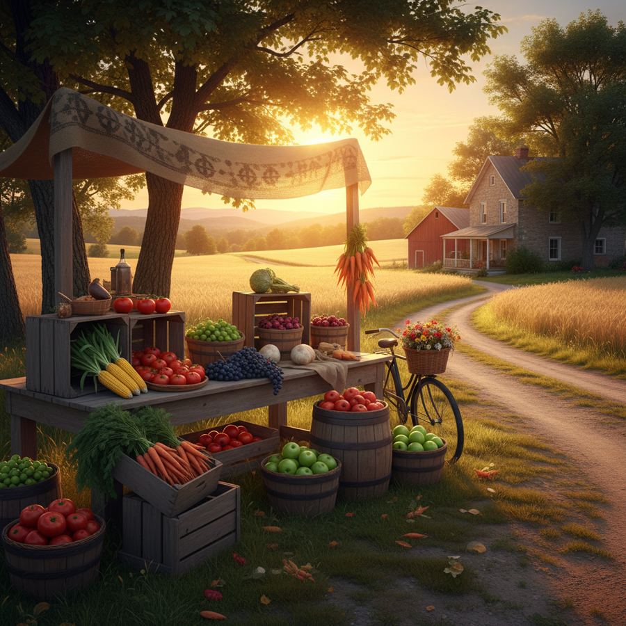 A roadside farm stand with fresh produce in wooden crates