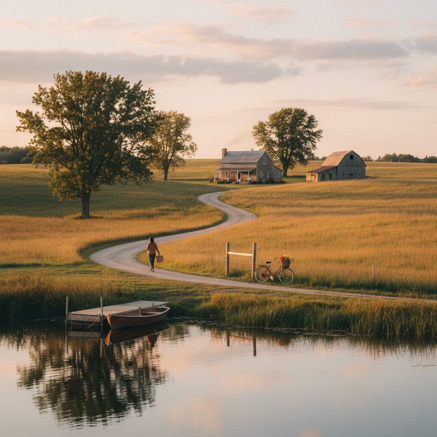 A person reading a book on a porch swing overlooking a garden in a small town