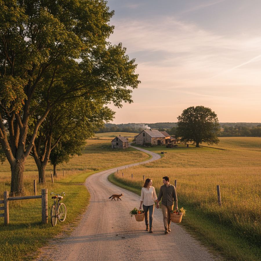 A sunset view over fields from a quiet roadside in rural Ontario