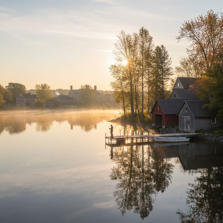 A calm lake at dawn with a thin line of pink light on the horizon and a wooden dock stretching into the water