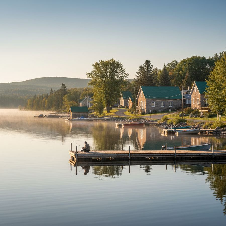 A row of small boats tied to a dock with morning mist rising off the water behind them