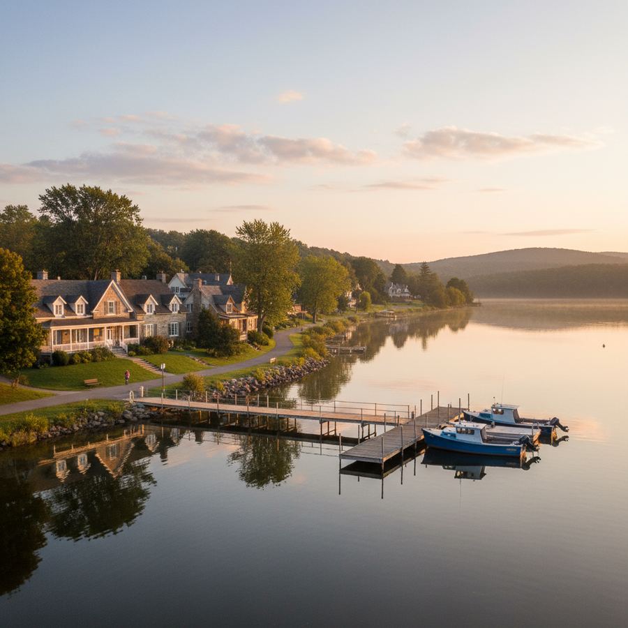 A stone path along the waterfront with a lighthouse or harbour marker visible in the distance