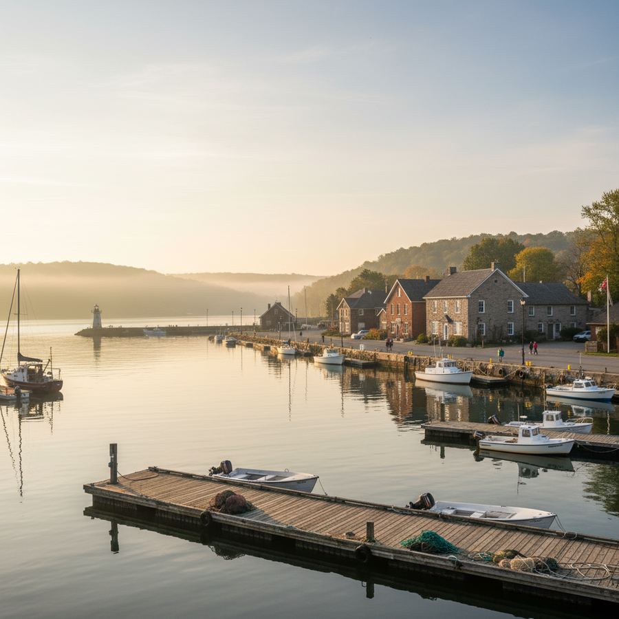 The lake reflecting the full morning sky, golden and wide, with the town's shoreline silhouetted in the distance