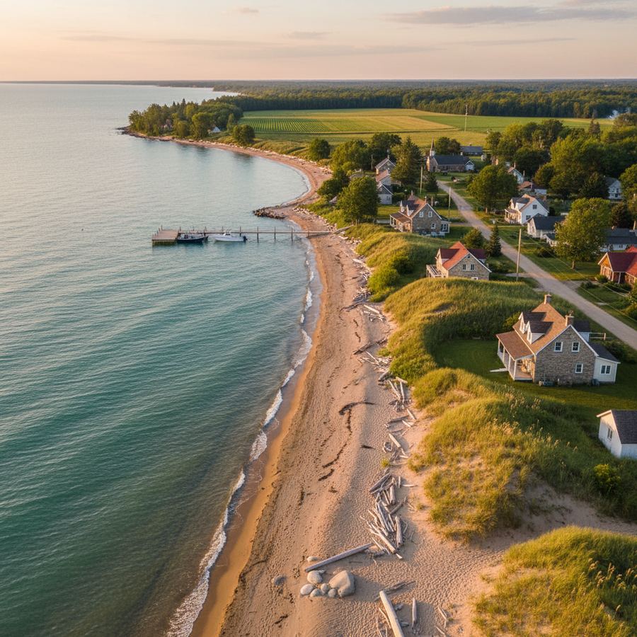 A wide sandy beach along the Lake Huron coast with clear water