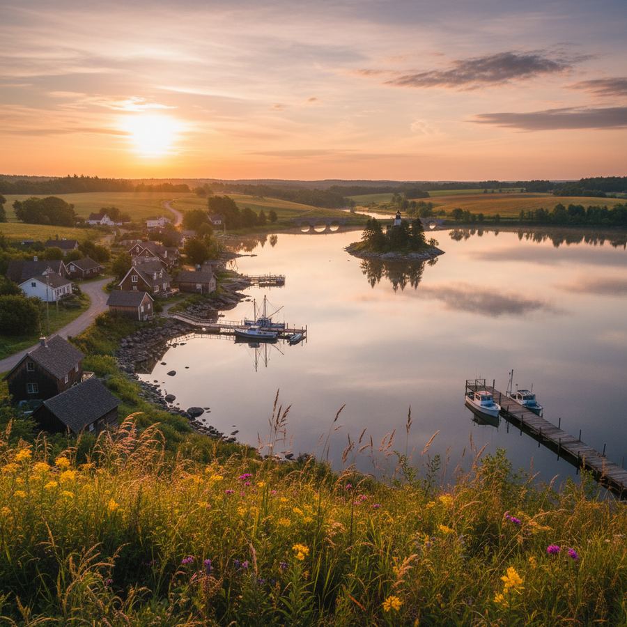 Morning light on a calm Ontario waterfront with trees reflected in the water