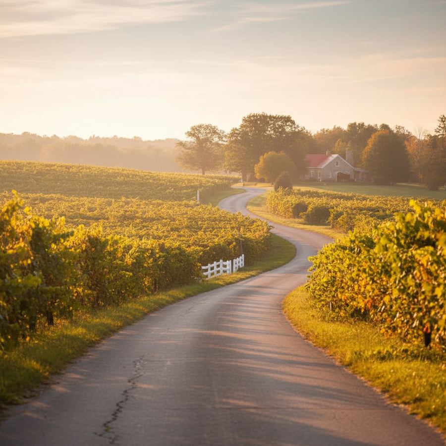A county road winding through vineyards in Prince Edward County