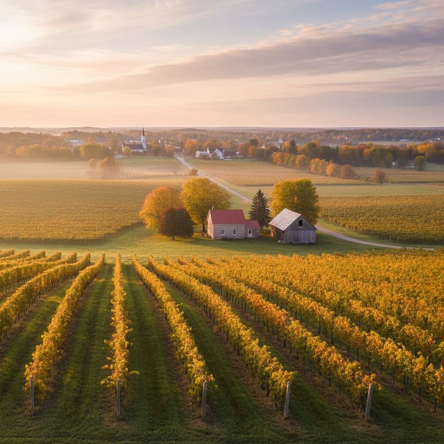Vineyard rows in Prince Edward County at dusk