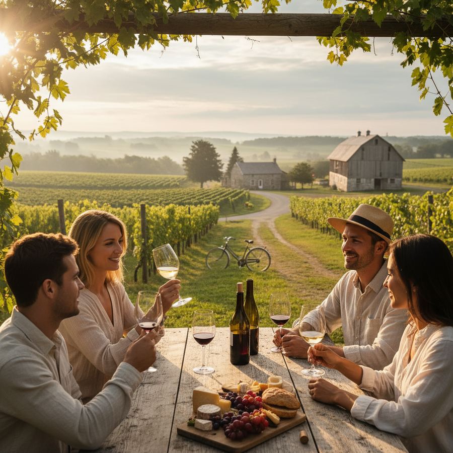 Wine glasses on a tasting bar at a Prince Edward County winery