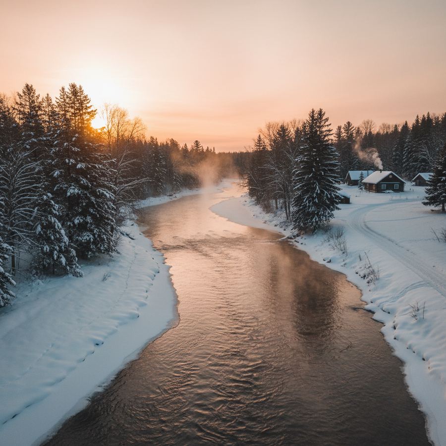 The Petawawa River in winter with snow-covered banks and dark water