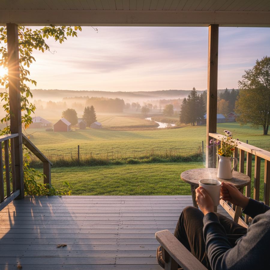 Morning coffee on a porch overlooking a quiet Ontario street