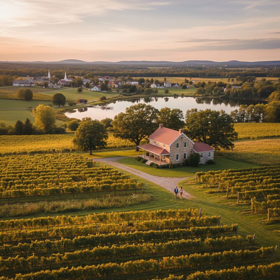 Rows of grapevines in Prince Edward County with soft afternoon light