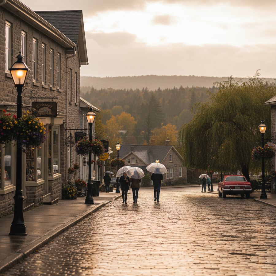 A small Ontario town on a grey rainy afternoon