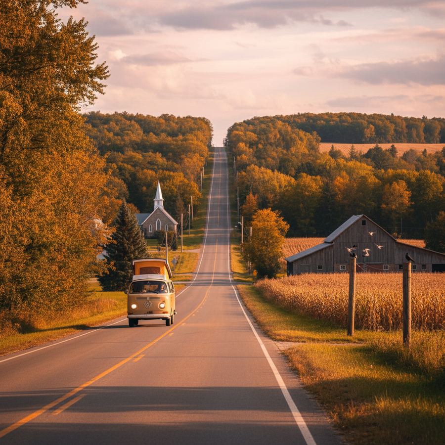 A winding country road through Ontario farmland