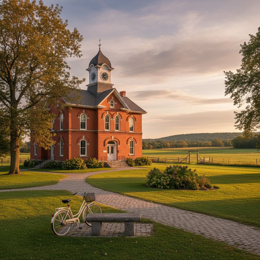 A heritage brick building in downtown Shelburne with autumn light