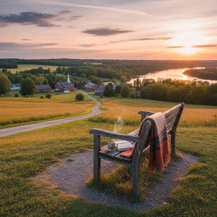 A park bench overlooking a calm scene in a small Ontario town