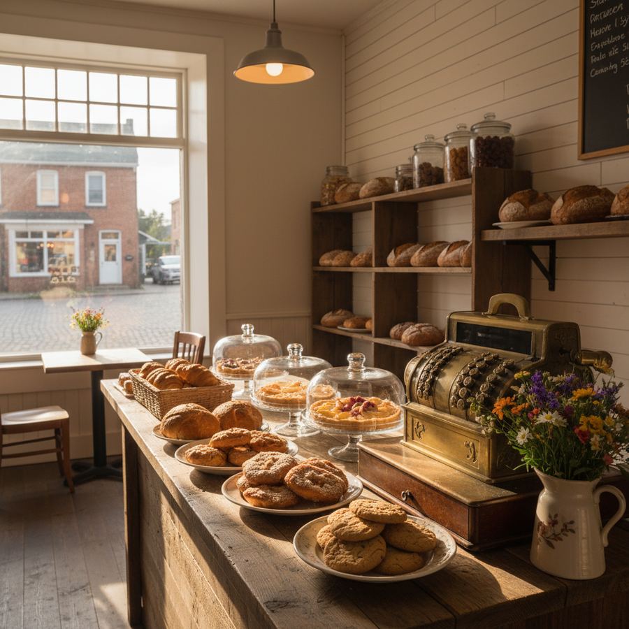 Fresh baked goods on display at a bakery counter in Stayner