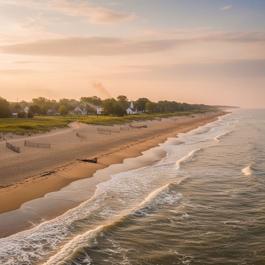 Wide sandy shoreline at Wasaga Beach with calm water extending to the horizon