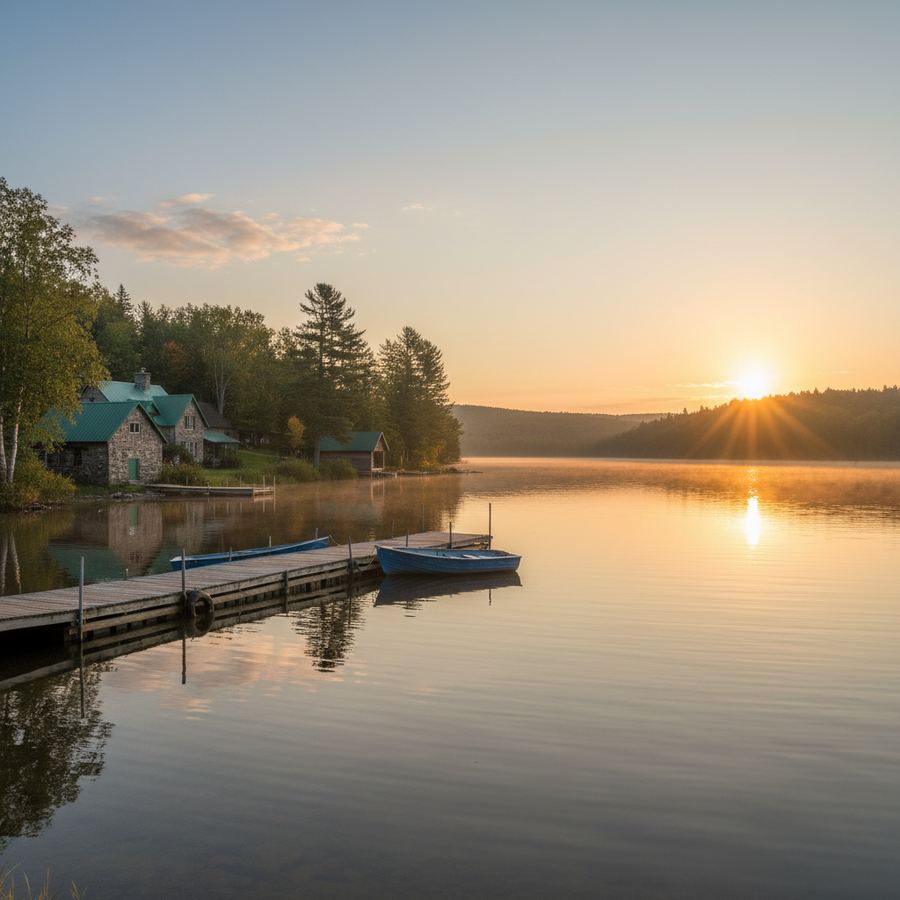 A wooden dock stretching into calm Ontario water at sunrise