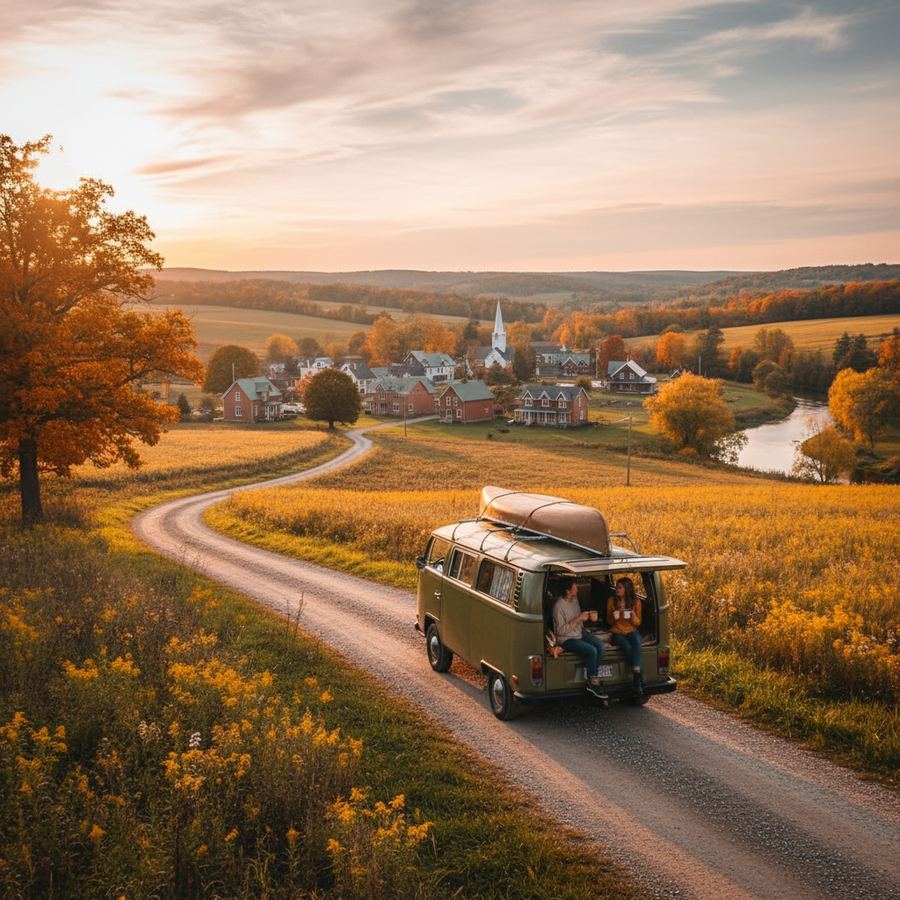 A couple walking a dog along a small-town sidewalk on a crisp autumn morning