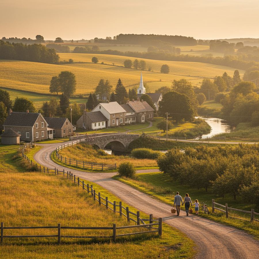 A baker handing a fresh loaf of bread across a shop counter to a customer in a small Ontario bakery