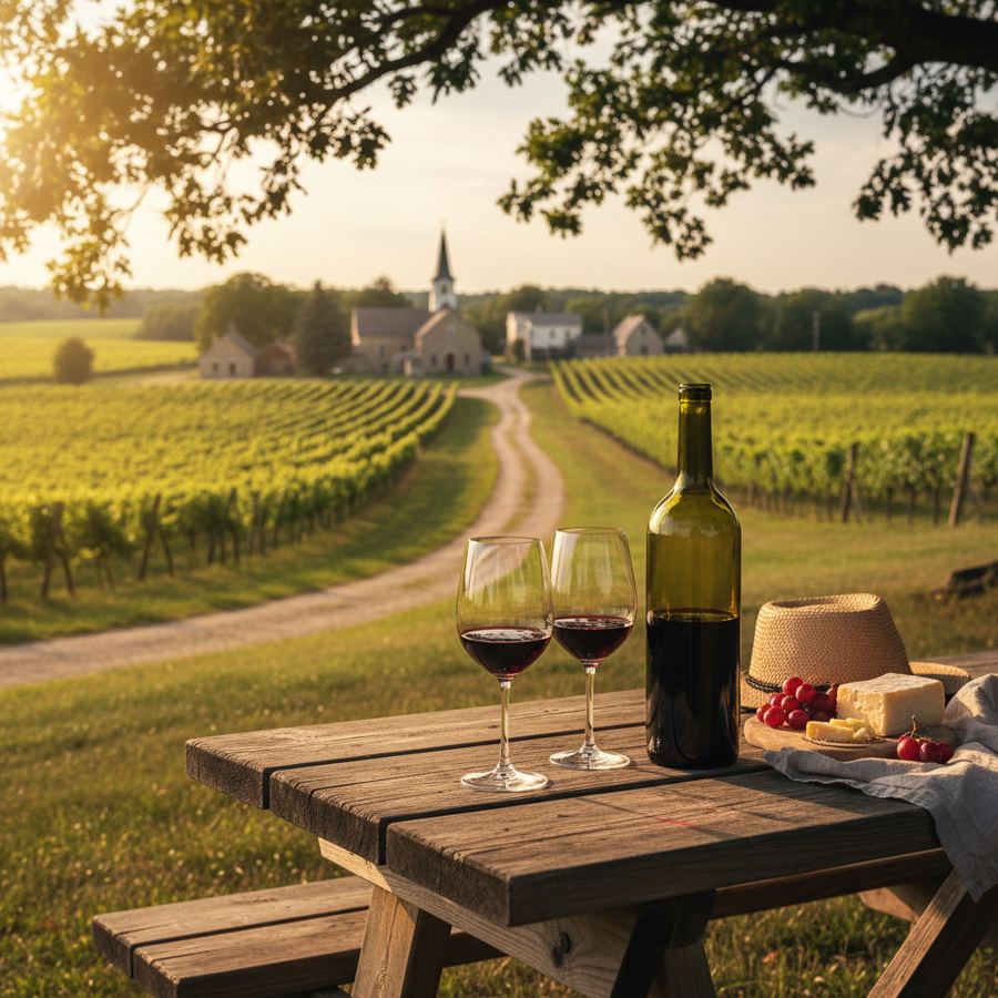 A bottle of wine on a table with a vineyard view in the background