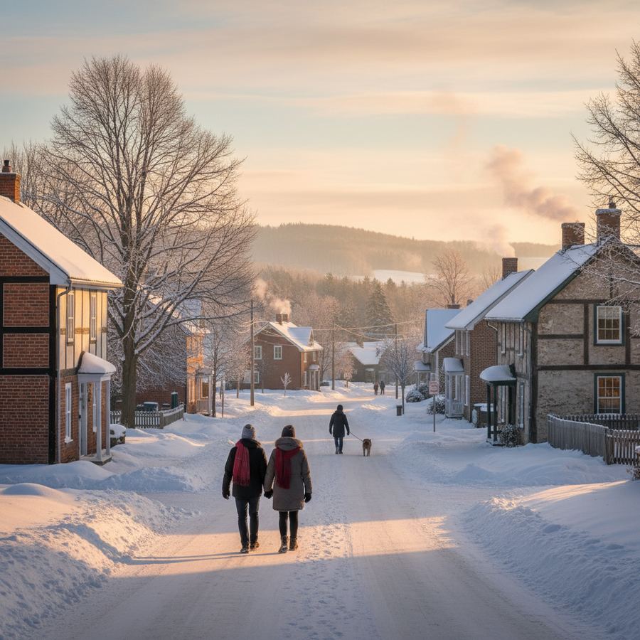 A snow-covered main street in a small Ontario town with footprints leading toward a lit storefront