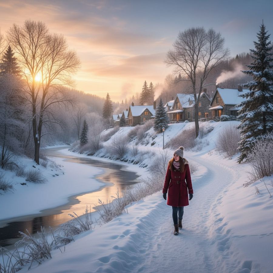 Warm light from a bakery window spilling onto a snowy sidewalk at dawn