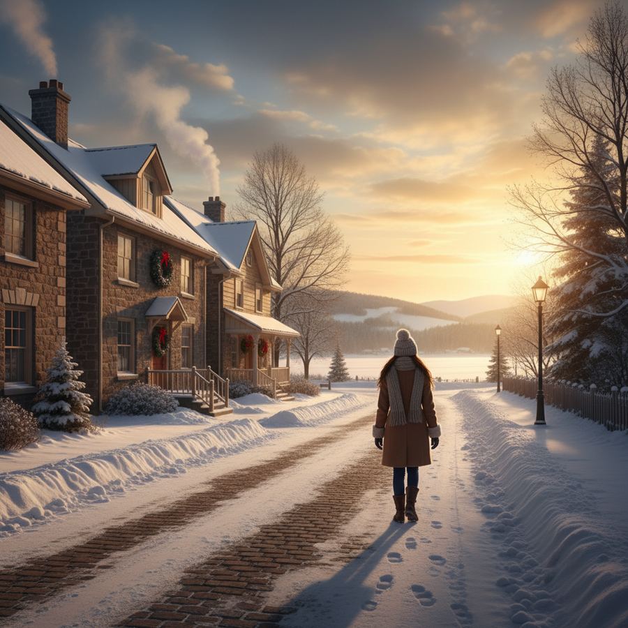 A row of houses with snow-laden roofs and bare trees along a residential street