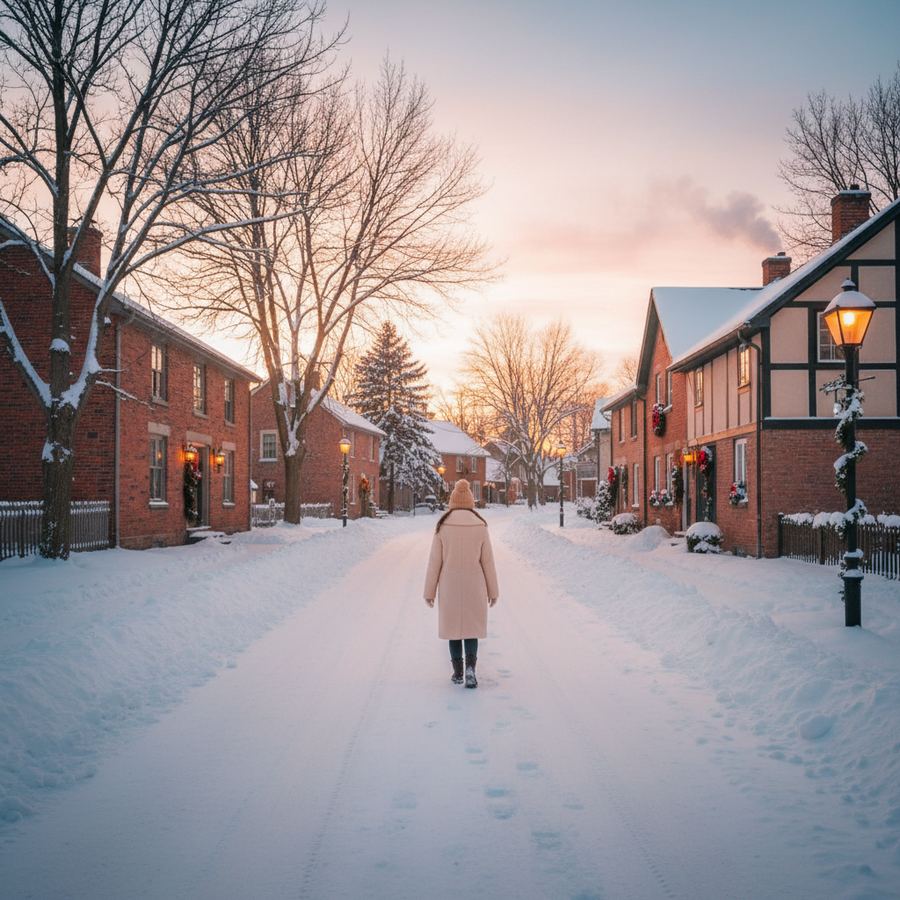 A wooden bench covered in snow overlooking a frozen field with a church steeple visible in the distance